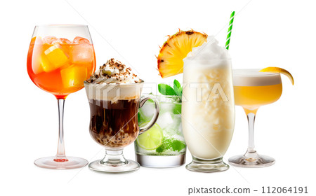 Set and collection of classic alcohol cocktails or mocktail isolated on white background with fresh summer fruits 112064191