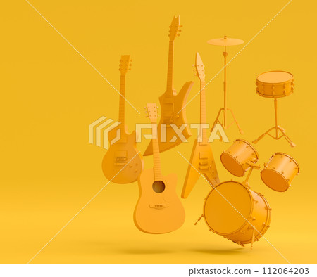 Set of electric acoustic guitars and drums with cymbals on monochrome background 112064203