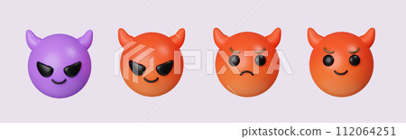 3d Set Icon evil Emoji. Realistic Red Glossy 3d Emotions face. icon isolated on gray background. 3d rendering illustration. Clipping path. 112064251