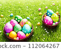 AI-generated content. Colourful eggs decorated by children lying in basket on grass sunny day, Generated by AI. 112064267