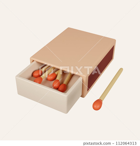 3d Box of matches. elements for camping, hiking , summer camp, traveling, trip. icon isolated on white background. 3d rendering illustration. Clipping path. 112064313