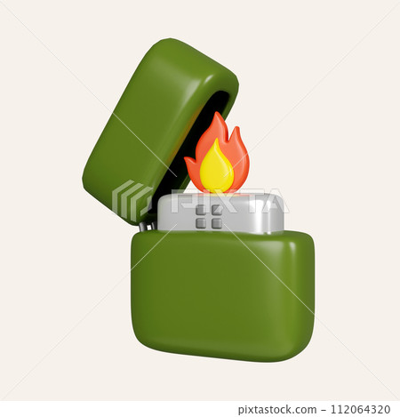 3d Zippo lighter. elements for camping, hiking , summer camp, traveling, trip. icon isolated on white background. 3d rendering illustration. Clipping path. 3d Zippo lighter. elements for camping, hiking , summer camp, traveling, trip. icon isolated on white background. 3d rendering illustration. Clipping path. 112064320
