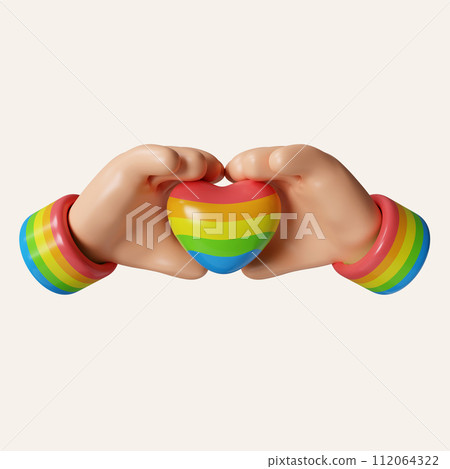 3d hand hold Heart. Lgbt rainbow flag. Gay pride, transgender, lesbian community shiny button in rainbow colors. icon isolated on white background. 3d rendering illustration. Clipping path. 112064322