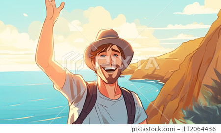 Illustration of a happy young guy taking a selfie on the background of the sea 112064436