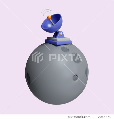 3d satellite dish in moon. concept for signal moving communication and live broadcasting. icon isolated on purple background. 3d rendering illustration. Clipping path. 3d satellite dish in moon. concept for signal moving communication and live broadcasting. icon isolated on purple background. 3d rendering illustration. Clipping path. 112064460