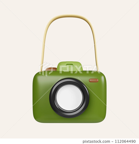 3d Camera. elements for camping, hiking , summer camp, traveling, trip. icon isolated on white background. 3d rendering illustration. Clipping path. 112064490