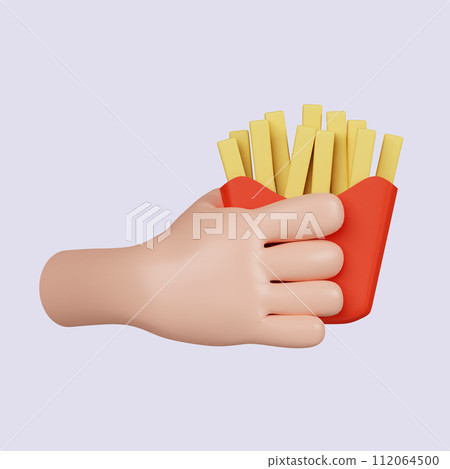 3d hand holding french fries. snack, concept of being hungry. icon isolated on gray background. 3d rendering illustration. Clipping path. 112064500