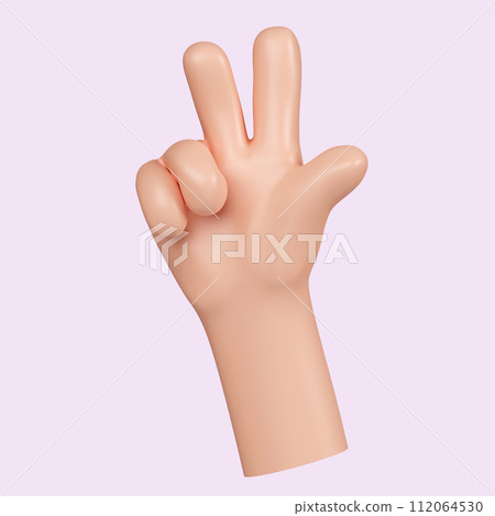 3d Cartoon character hand gesture. Counting on fingers. Hand gesture number three. The thumb. icon isolated on pink background. 3d rendering illustration. Clipping path. 112064530