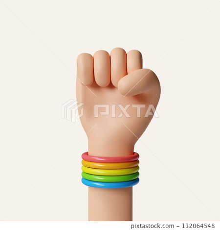 3d fists with pride support bracelets on a white background for for LGBTQIA Pride month celebration. icon isolated on white background. 3d rendering illustration. Clipping path. 3d fists with pride support bracelets on a white background for for LGBTQIA Pride month celebration. icon isolated on white background. 3d rendering illustration. Clipping path. 112064548
