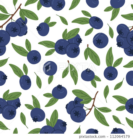 Blueberry seamless pattern. Hand drawn juicy blueberries endless design, fresh edible blue berries for healthy nutrition flat vector background illustration. Delicious forest berries pattern 112064579