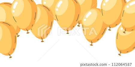 Yellow balloons poster. Hand drawn Birthday party air balloon decorations, helium balloons holidays decor flat vector illustration. Bright glossy balloons background Yellow balloons poster. Hand drawn Birthday party air balloon decorations, helium balloons holidays decor flat vector illustration. Bright glossy balloons background 112064587