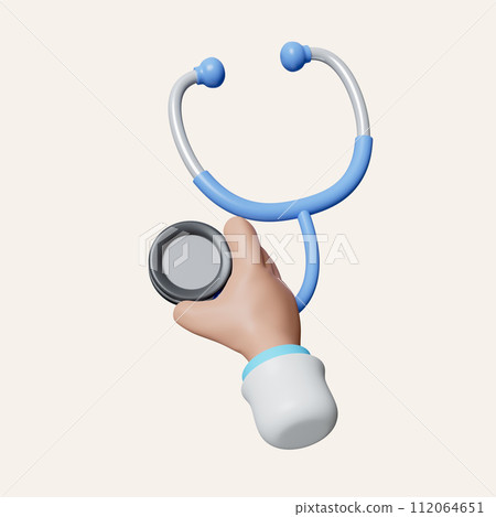 3d Medical icon. Doctor or pharmacist cartoon hand with holds Stethoscope . icon isolated on white background. 3d rendering illustration. Clipping path. 3d Medical icon. Doctor or pharmacist cartoon hand with holds Stethoscope . icon isolated on white background. 3d rendering illustration. Clipping path. 112064651