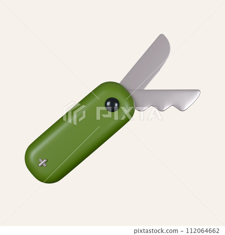 3d folding knife equipment. Summer camp and holiday vacation. icon isolated on white background. 3d rendering illustration. Clipping path. 112064662