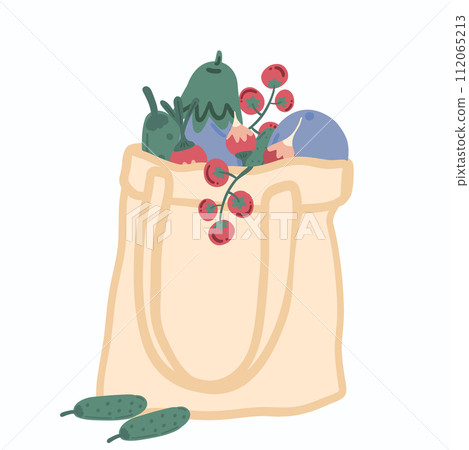Flat design shopper bag with raw vegetables cucumber eggplants and tomato with radishes 112065213