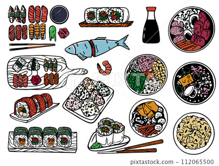 Sushi set. Asian Japanese food. Japan rolls, maki, uramaki. Chinese, korean, japanese rice, noodles, fish and meat dishes. Doodle asian japanese cuisine traditional delicious food. 112065500