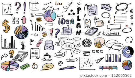 Business doodles hand drawn icons. Management infographic concept with financial business career development elements. Vector illustration EPS10 112065502