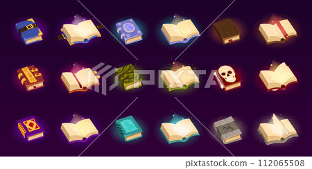 Open and closed magic books of spells. Fantasy alchemy grimoires, closed and open wizard diary with mysterious glow and sparks. Witchcraft game ancient volumes with esoteric recipes Open and closed magic books of spells. Fantasy alchemy grimoires, closed and open wizard diary with mysterious glow and sparks. Witchcraft game ancient volumes with esoteric recipes 112065508