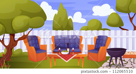 Home backyard with trees and furniture. Cartoon exterior and landscape, trees and bushes. Vector illustration EPS10 Home backyard with trees and furniture. Cartoon exterior and landscape, trees and bushes. Vector illustration EPS10 112065510