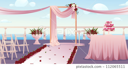 Wedding ceremony outdoor setup. Wedding ceremony setup with arch draped with ribbons and decorations. Vector illustration Wedding ceremony outdoor setup. Wedding ceremony setup with arch draped with ribbons and decorations. Vector illustration 112065511