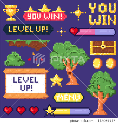 Vector Pixel Art 8-bit. Level up with character animation game design. Retro 80s - 90s style video game sprites. Retro video game interface elements 112065517