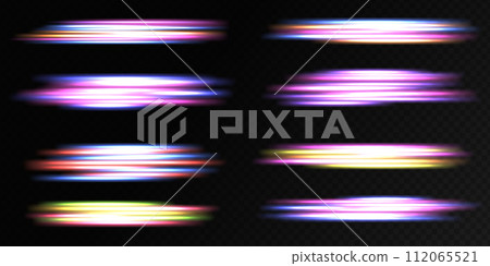Futuristic neon light line trails. High speed effect motion blur night lights. Light everyday glowing effect. Abstract neon speed glowing wavy lines. 112065521