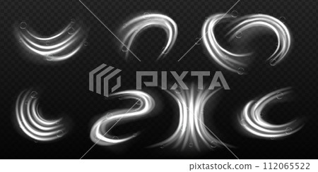 Set of water swirls with bubbles isolated. Light effect with bubbles and sparkles shine. Vector realistic illustration of shampoo, washing detergent foam vortex 112065522