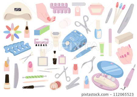 Manicure tools salon accessories and equipment for nails care flat. Cartoon professional hand nail care tools, stylish icons of hand nails polish and pedicure treatment, manicure top view. 112065523