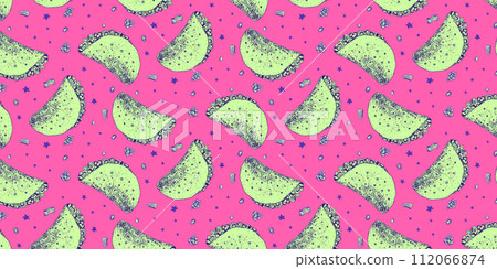 Bright pink and yellow colors seamless pattern with sketch Mexican taco. Engraving acid lime and magenta sketch pop art tacos texture for fast food textile, wrapping paper, package, menu banners 112066874