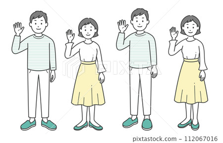 成年男女舉起一隻手打招呼 成年男女舉起一隻手打招呼 112067016