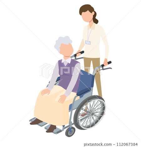 坐輪椅的老人和助手的插圖 112067384