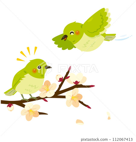 White plum branch and two white-eyes White plum branch and two white-eyes 112067413