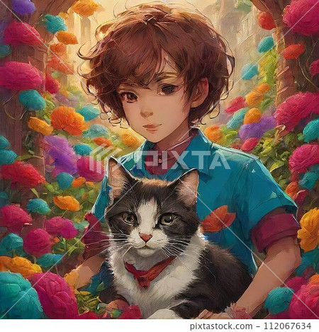 boy and cat in flower garden boy and cat in flower garden 112067634