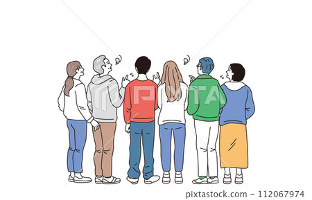 一個男人和一個女人從後面的插圖,有簡單的觸摸和困惑的表情 一個男人和一個女人從後面的插圖,有簡單的觸摸和困惑的表情 112067974