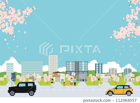 春天的城市景觀：房屋、公寓、山脈、天空、櫻花和汽車 112068057