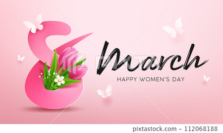 8 March, Happy women's day with tulip flowers and butterfly, banner concept design  112068188