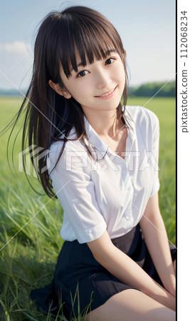 微笑著坐在綠色地球上的年輕女子 112068234