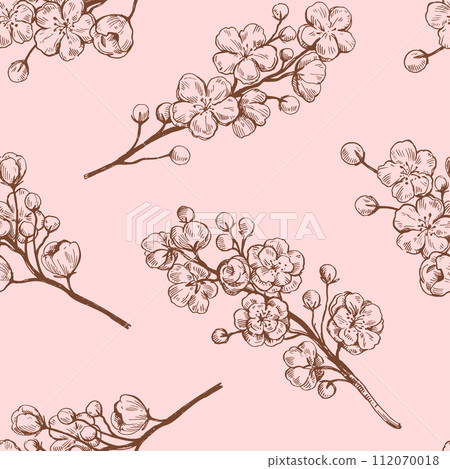Seamless pattern with sakura blooming branches. Black and white outline ink drawing. Vector illustration. Seamless pattern with sakura blooming branches. Black and white outline ink drawing. Vector illustration. 112070018