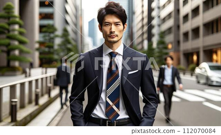 Stylish Japanese businessman wearing a suit walking in an office district 112070084