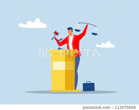 lawyer holding gavel and equality scale on other hand.lawyer consulting client, judge knocking with wooden hammer. Flat cartoon vector illustration 112070898