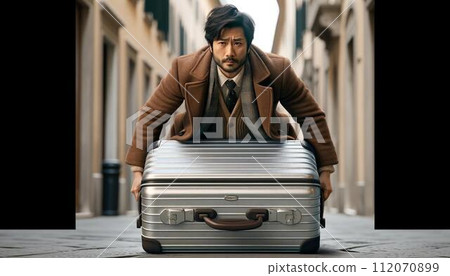 Japanese businessman with a heavy suitcase that fell over in an Italian city 112070899