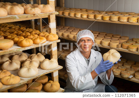 Cheesemaker checking aging process of cheese in maturing chamber 112071365