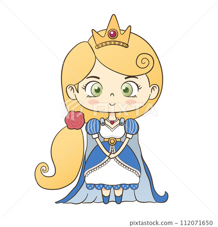 Cartoon style cute yellow long haired little princess with white and blue dress wearing a crown standing smiling Cartoon style cute yellow long haired little princess with white and blue dress wearing a crown standing smiling 112071650