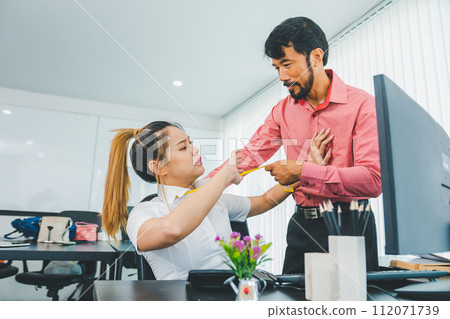 The boss or supervisor is harassing and hurting a female employee. Causing young employees to resist because they are uncomfortable and afraid of being sexually abused. Concept of sexual harassment in The boss or supervisor is harassing and hurting a female employee. Causing young employees to resist because they are uncomfortable and afraid of being sexually abused. Concept of sexual harassment in 112071739