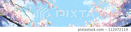Pink cherry blossom flowers and blue sky banner AI image 112072119