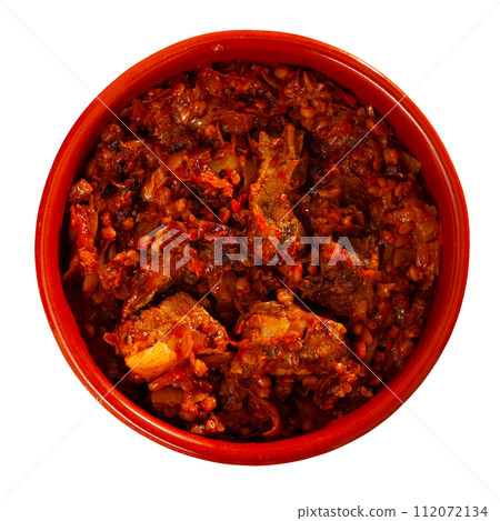Smoked pork ribs, barley and stewed cabbage and on plate Smoked pork ribs, barley and stewed cabbage and on plate 112072134