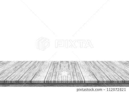 Empty white wooden table top isolated on white background 112072821