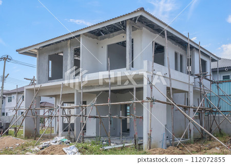construction residential new house with prefabrication system in progress at building site construction residential new house with prefabrication system in progress at building site 112072855
