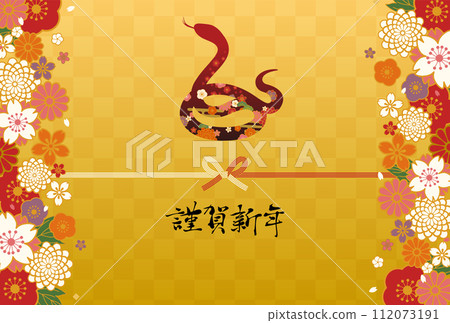 2025 年蛇年新年賀卡模板，配有日本圖案花朵、Mizuhiki 和蛇（向量插圖） 112073191