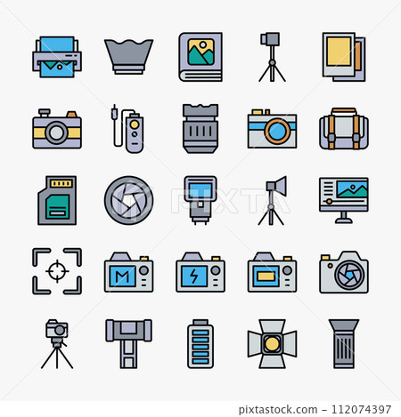 Photography icons collection. Camera, shot, photo, video, technology icons set. vector illustration Photography icons collection. Camera, shot, photo, video, technology icons set. vector illustration 112074397