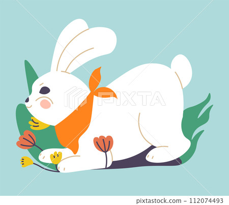 Easter rabbit jumping in flowers holiday character Easter rabbit jumping in flowers holiday character 112074493